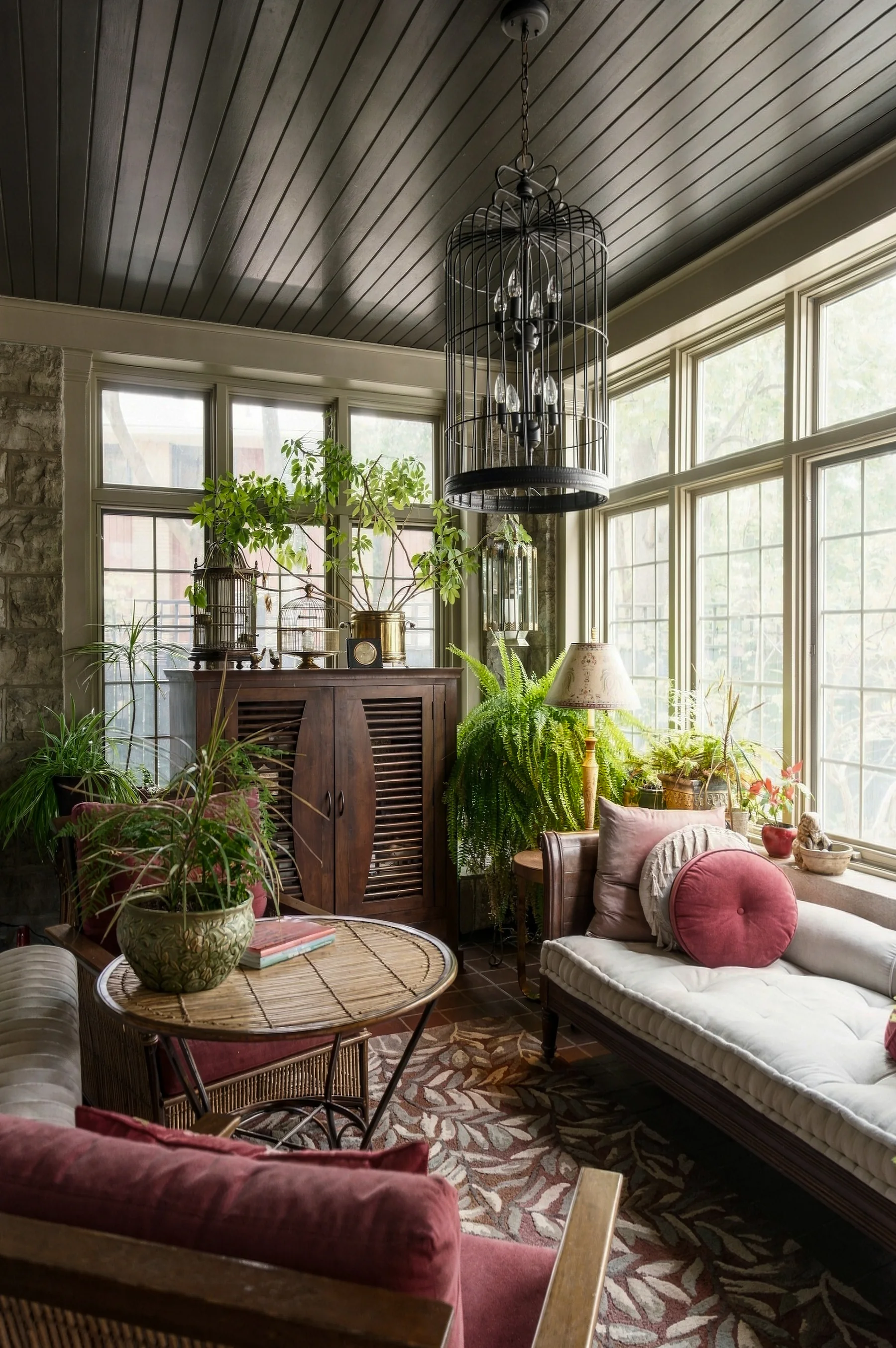 A sunroom filled with plants, rich wood and soft daylight